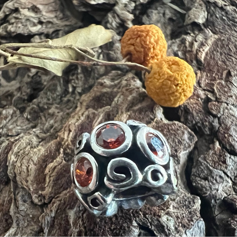 Authentic Pandora Primrose Path Silver Charm w/ Orange Zirconias & Swirl